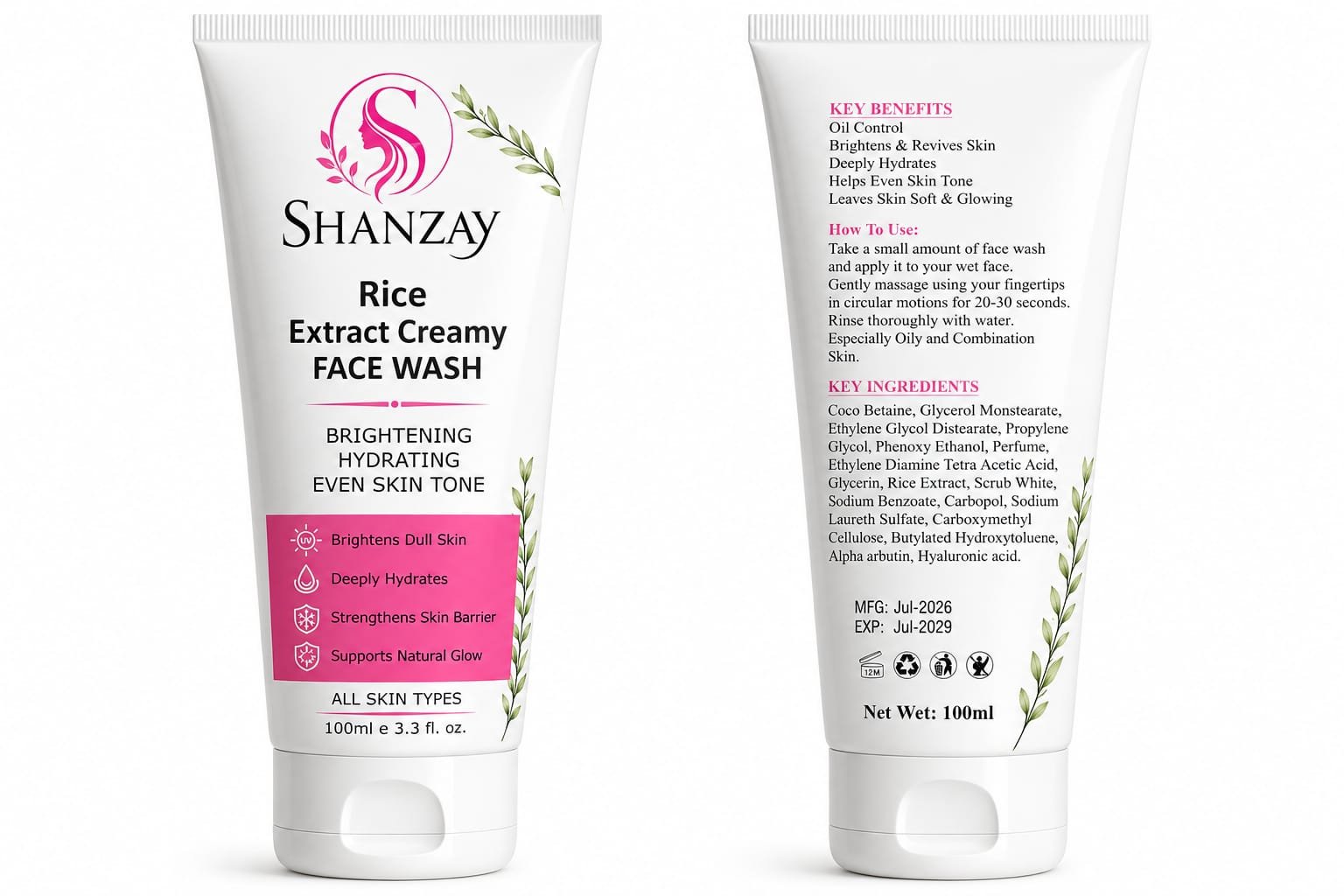 Shanzay Rice Extract Creamy Face Wash 100ml | Brightening & Hydrating Cleanser